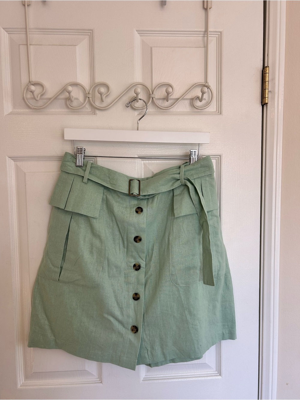 Nicole Miller Linen Sage Green Button-Front Mini Cargo Skirt with Belt Size XL
